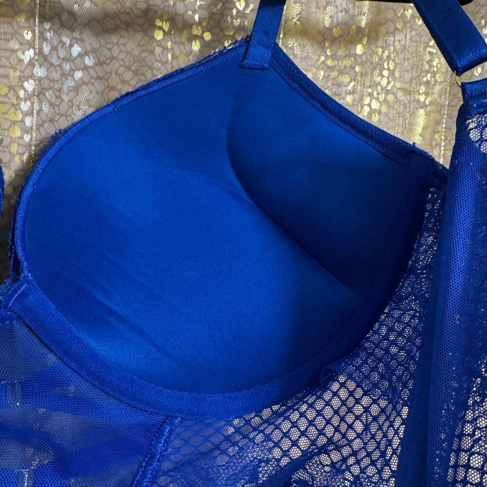 Victorias Secret Royal Blue Lace Corset Bombshell Plunge Push Up Bra 34D - Picture 9 of 14